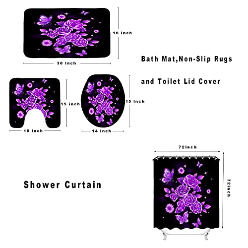 OuElegent 4Pcs Purple Flower Shower Curtain Set Glittering Rose Butterfly Daisy in Night Bathroom Decor Sparkle Romantic Rustic Floral Bathtub Curtain with Non-Slip Rugs Toilet Lid Cover and Bath Mat