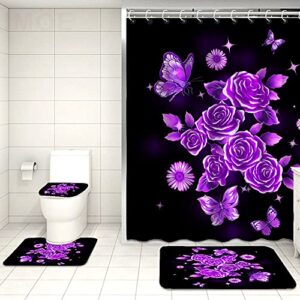 ouelegent 4pcs purple flower shower curtain set glittering rose butterfly daisy in night bathroom decor sparkle romantic rustic floral bathtub curtain with non-slip rugs toilet lid cover and bath mat