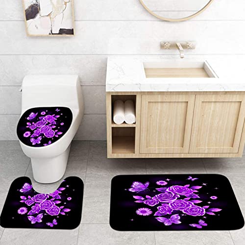 OuElegent 4Pcs Purple Flower Shower Curtain Set Glittering Rose Butterfly Daisy in Night Bathroom Decor Sparkle Romantic Rustic Floral Bathtub Curtain with Non-Slip Rugs Toilet Lid Cover and Bath Mat