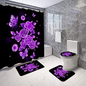 OuElegent 4Pcs Purple Flower Shower Curtain Set Glittering Rose Butterfly Daisy in Night Bathroom Decor Sparkle Romantic Rustic Floral Bathtub Curtain with Non-Slip Rugs Toilet Lid Cover and Bath Mat