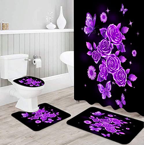 OuElegent 4Pcs Purple Flower Shower Curtain Set Glittering Rose Butterfly Daisy in Night Bathroom Decor Sparkle Romantic Rustic Floral Bathtub Curtain with Non-Slip Rugs Toilet Lid Cover and Bath Mat