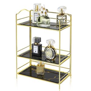 simmer stone 3 tier makeup perfume organizer shelf, cosmetic storage corner shelf with removable glass tray, wire vanity organizer rack for dresser, countertop, bathroom and more (gold)
