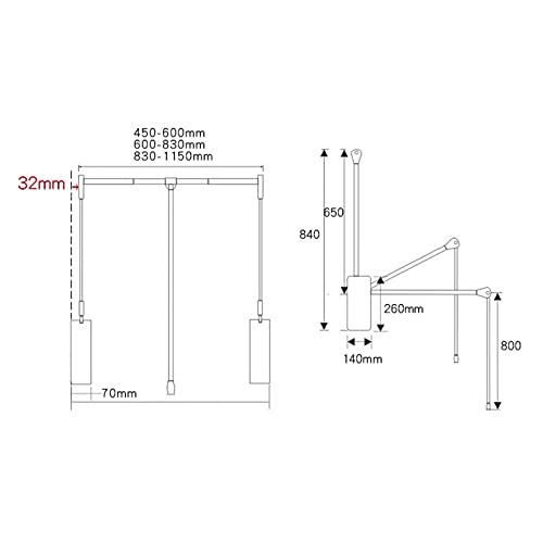 Closet Clothes Rail Drop-Down Wardrobe Hanging Rail, Adjustable Wall-Mounted Wardrobe Slide Rail Soft Reset, Saving Space, Bearing 30KG (Size : 600-830mm)