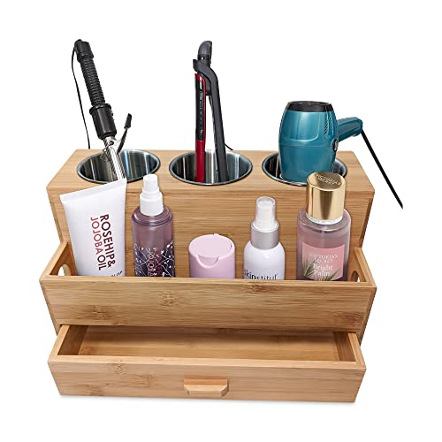 Harzen Brothers Hair Tool Organizer, Bamboo Hair Dryer and Styling Holder, Bathroom Countertop Blow Dryer Holder, Vanity Caddy Storage Stand for Accessories, Makeup, Toiletries