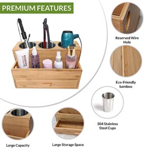 Harzen Brothers Hair Tool Organizer, Bamboo Hair Dryer and Styling Holder, Bathroom Countertop Blow Dryer Holder, Vanity Caddy Storage Stand for Accessories, Makeup, Toiletries