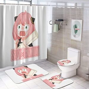 an.ya cry s.py x family anime 4pcs shower curtain sets with non slip rugs, toilet lid cover and bath mat, shower curtain with 12 hooks for bathroom