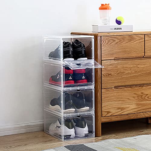 Stackable Shoe Boxes Pack of 4，Foldable Magnetic Clear Shoe Storage Box，Easy to Assemble