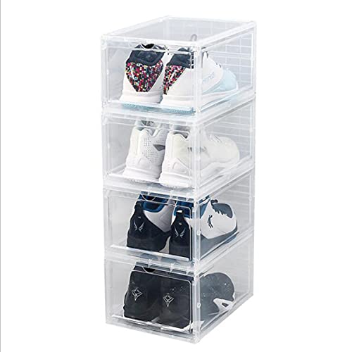 Stackable Shoe Boxes Pack of 4，Foldable Magnetic Clear Shoe Storage Box，Easy to Assemble