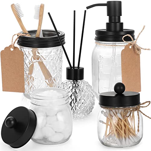 5PCS Mason Jar Bathroom Accessories Set - Mason Jar Soap Dispenser, 3 Apothecary Jars for Q-Tips & 1 Toothbrush Holder - Rustic Farmhouse, Bathroom Home Decor Clearance, Countertop Vanity Organizer