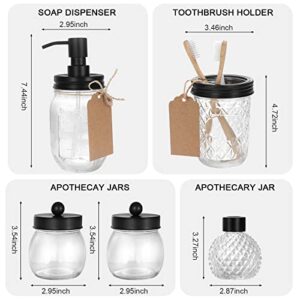 5PCS Mason Jar Bathroom Accessories Set - Mason Jar Soap Dispenser, 3 Apothecary Jars for Q-Tips & 1 Toothbrush Holder - Rustic Farmhouse, Bathroom Home Decor Clearance, Countertop Vanity Organizer