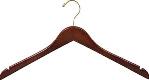 wooden top hanger w/walnutfinish, box of 8 hangers with brass swivel hook and notches for hanging straps, great for shirt or dress