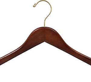 Wooden Top Hanger w/WalnutFinish, Box of 8 Hangers with Brass Swivel Hook and Notches for Hanging Straps, Great for Shirt or Dress