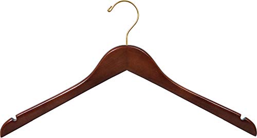 Wooden Top Hanger w/WalnutFinish, Box of 8 Hangers with Brass Swivel Hook and Notches for Hanging Straps, Great for Shirt or Dress