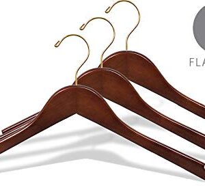 Wooden Top Hanger w/WalnutFinish, Box of 8 Hangers with Brass Swivel Hook and Notches for Hanging Straps, Great for Shirt or Dress