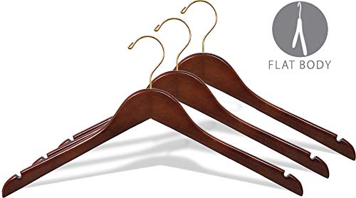 Wooden Top Hanger w/WalnutFinish, Box of 8 Hangers with Brass Swivel Hook and Notches for Hanging Straps, Great for Shirt or Dress