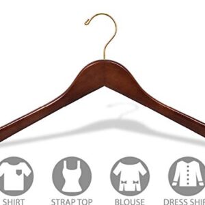 Wooden Top Hanger w/WalnutFinish, Box of 8 Hangers with Brass Swivel Hook and Notches for Hanging Straps, Great for Shirt or Dress