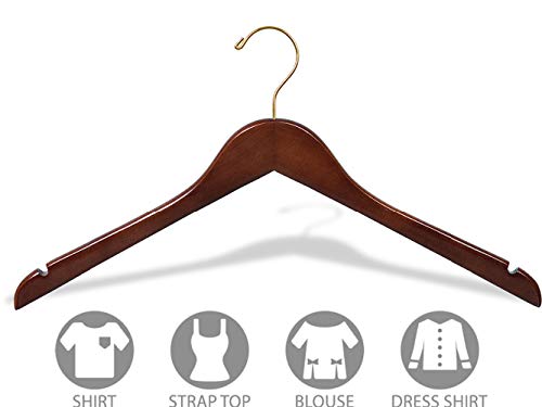 Wooden Top Hanger w/WalnutFinish, Box of 8 Hangers with Brass Swivel Hook and Notches for Hanging Straps, Great for Shirt or Dress