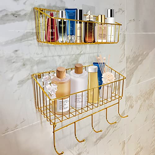 KingFurt Shower Caddy Gold,2Pcs Adhesive Bathroom Shower Organizer Shelves,Kitchen Storage Rack with Hooks,No Drilling Wall Mounted or Drill Stainless Steel Rustproof Shower Shelf for Inside Shower