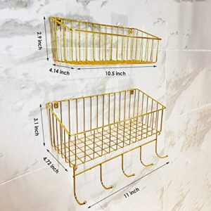 KingFurt Shower Caddy Gold,2Pcs Adhesive Bathroom Shower Organizer Shelves,Kitchen Storage Rack with Hooks,No Drilling Wall Mounted or Drill Stainless Steel Rustproof Shower Shelf for Inside Shower