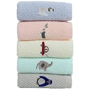 soreca 100% cotton kids facial towels, hand towels and fingertip towels for bathroom towels set embroidered cute animal pattern children washcloths 10inch x 20inch (set e, 10inch x 20inch)
