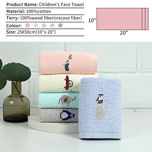 Soreca 100% Cotton Kids Facial Towels, Hand Towels and Fingertip Towels for Bathroom Towels Set Embroidered Cute Animal Pattern Children Washcloths 10inch x 20inch (Set E, 10inch x 20inch)