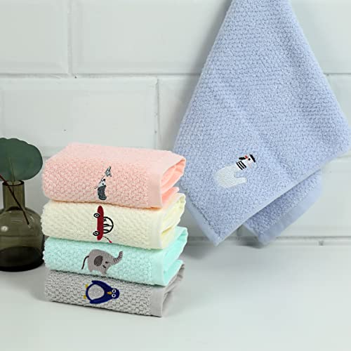 Soreca 100% Cotton Kids Facial Towels, Hand Towels and Fingertip Towels for Bathroom Towels Set Embroidered Cute Animal Pattern Children Washcloths 10inch x 20inch (Set E, 10inch x 20inch)