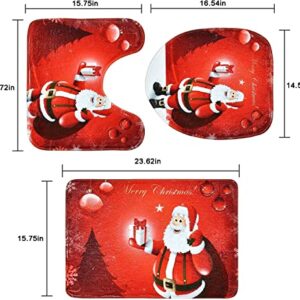 BLEUM CADE 4 Pcs Merry Christmas Shower Curtain Sets with Non-Slip Rugs, Toilet Lid Cover, Bath Mat and 12 Hooks Santa Xmas Tree Ball Snowflake Waterproof Shower Curtain for Christmas Decoration