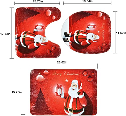 BLEUM CADE 4 Pcs Merry Christmas Shower Curtain Sets with Non-Slip Rugs, Toilet Lid Cover, Bath Mat and 12 Hooks Santa Xmas Tree Ball Snowflake Waterproof Shower Curtain for Christmas Decoration