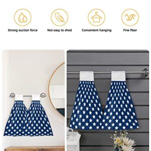 WARM TOUR 2Pcs Kitchen Hanging Towel Independence Day White Pentagram on Navy Blue,Absorbent Soft Hand Tie Towel with Loop USA Flag Stars,Tea Bar Dish Cloth Dry Towel for Bathroom