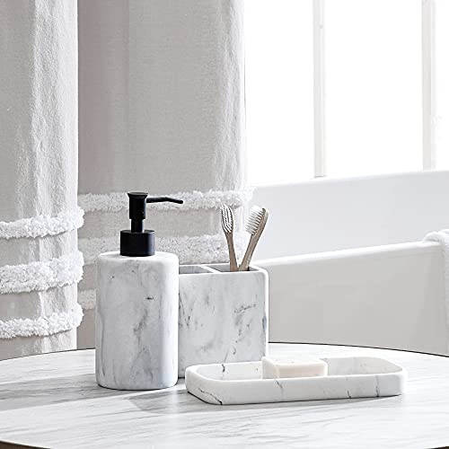 DKNY Bathroom Accessories Set 3 Pieces Marble Look Bath Countertop Accessory - Toothbrush Holder, Soap Dispenser, Vanity Tray, White