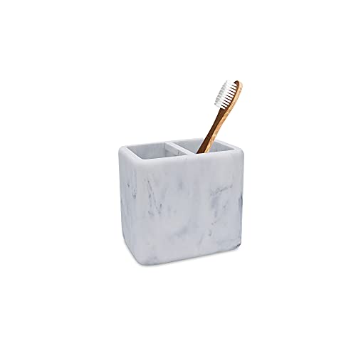 DKNY Bathroom Accessories Set 3 Pieces Marble Look Bath Countertop Accessory - Toothbrush Holder, Soap Dispenser, Vanity Tray, White