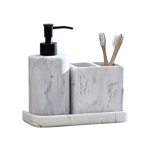 DKNY Bathroom Accessories Set 3 Pieces Marble Look Bath Countertop Accessory - Toothbrush Holder, Soap Dispenser, Vanity Tray, White