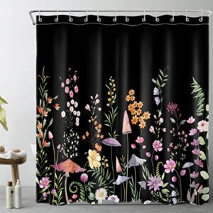lb spring wildflower shower curtain decor, colorful floral and mushroom green plant on black shower curtains for bathroom 72x72 inch polyester fabric bathroom decoration bath curtains hooks included
