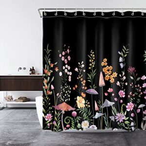 LB Spring Wildflower Shower Curtain Decor, Colorful Floral and Mushroom Green Plant on Black Shower Curtains for Bathroom 72X72 inch Polyester Fabric Bathroom Decoration Bath Curtains Hooks Included