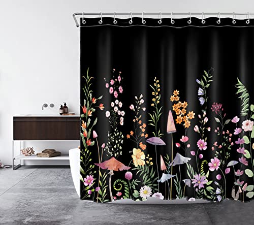 LB Spring Wildflower Shower Curtain Decor, Colorful Floral and Mushroom Green Plant on Black Shower Curtains for Bathroom 72X72 inch Polyester Fabric Bathroom Decoration Bath Curtains Hooks Included