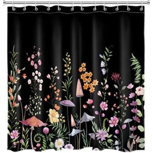 LB Spring Wildflower Shower Curtain Decor, Colorful Floral and Mushroom Green Plant on Black Shower Curtains for Bathroom 72X72 inch Polyester Fabric Bathroom Decoration Bath Curtains Hooks Included