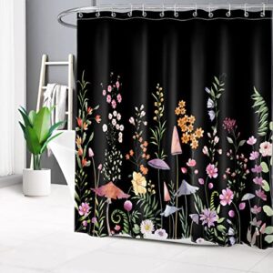LB Spring Wildflower Shower Curtain Decor, Colorful Floral and Mushroom Green Plant on Black Shower Curtains for Bathroom 72X72 inch Polyester Fabric Bathroom Decoration Bath Curtains Hooks Included