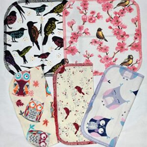 1 Ply Owls & Birds Fun Flannel Washable Kids Lunchbox Napkins 8x8 inches 5 Pack - Little Wipes (R) Flannel