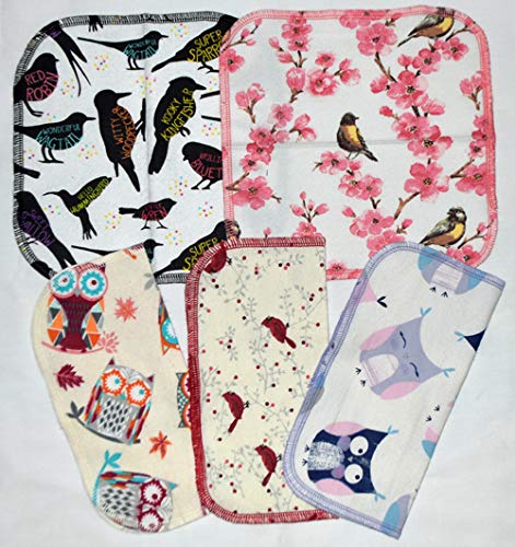 1 Ply Owls & Birds Fun Flannel Washable Kids Lunchbox Napkins 8x8 inches 5 Pack - Little Wipes (R) Flannel