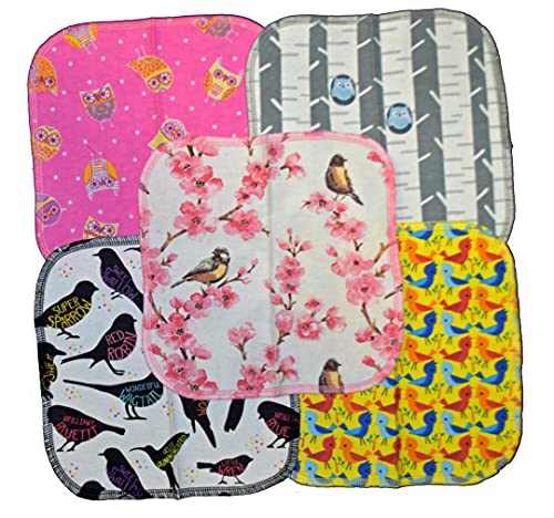 1 Ply Owls & Birds Fun Flannel Washable Kids Lunchbox Napkins 8x8 inches 5 Pack - Little Wipes (R) Flannel