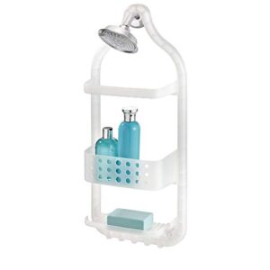 idesign circlz plastic hanging shower caddy, extra space for shampoo, conditioner, and soap with hooks for razors, towels, loofahs, and more, 5" x 10.6" x 26", frost white
