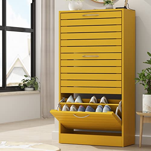 Overstock Shoe Cabinet with Flip Drawer for Entryway Rack Storage Organizer Grey