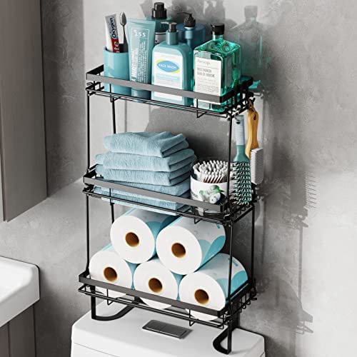 iSPECLE Over The Toilet Storage, 3 Tier Over Toilet Bathroom Organizer No Drilling Toilet Storage Easy to Install, Add Space for Small Bathroom, Black