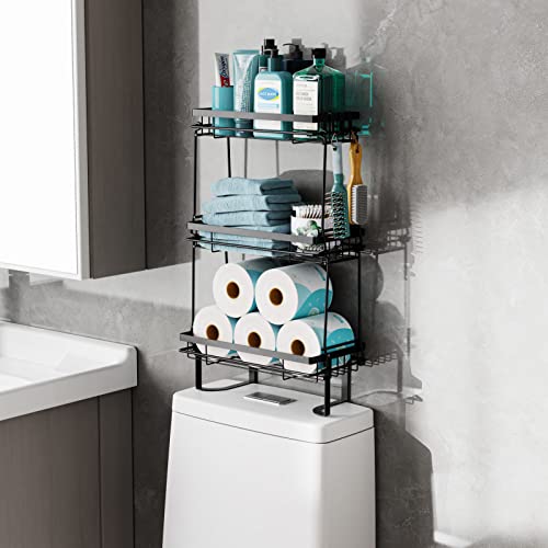 iSPECLE Over The Toilet Storage, 3 Tier Over Toilet Bathroom Organizer No Drilling Toilet Storage Easy to Install, Add Space for Small Bathroom, Black