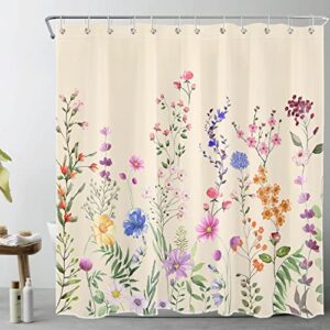 LB Farmhouse Floral Shower Curtain for Bathroom,Nature Colorful Wildflower and Green Botanical on Beige Fabric Shower Curtain with Hooks,Spring Country Theme Bathroom Curtains Shower Set, 72x78 inches