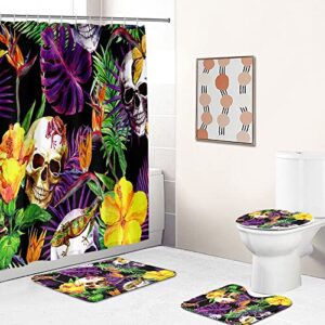 starblue-hgs tropical flower plantain leaves waterproof shower curtain set skull lizard jungle bathroom bathtub mat toilet cover mat set