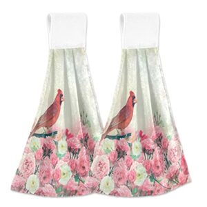 red cardinal rose kitchen hand towel home decorative hanging tie towels 2pcs super soft absorbent washcloth tie towels for home bathroom farmhouse housewarming tabletop, 12x17inches