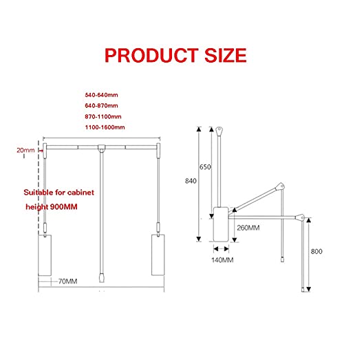 Silver Drop-Down Wardrobe Hanging Rail, Adjustable Closet Lifter Storage Shelf, Soft Reset, Space Saving, 30KG Load (Size : 870-1100mm)
