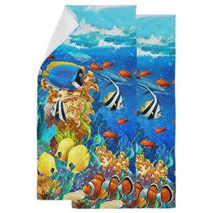 naanle 2 pcs beautiful underwater ocean coral reef fishes soft fluffy guest decor hand towels, multipurpose for bathroom, hotel, gym and spa (14" x 28")