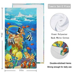 Naanle 2 Pcs Beautiful Underwater Ocean Coral Reef Fishes Soft Fluffy Guest Decor Hand Towels, Multipurpose for Bathroom, Hotel, Gym and Spa (14" x 28")